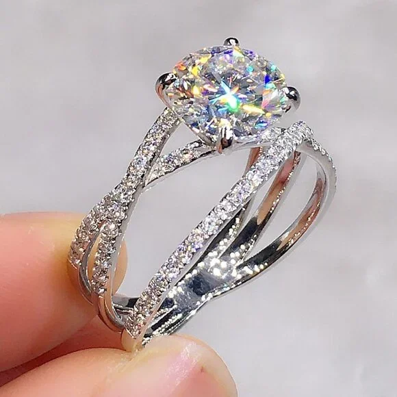 Engagement CZ Clear Super Large Silver Plated Wedding Beautiful Ring, K993